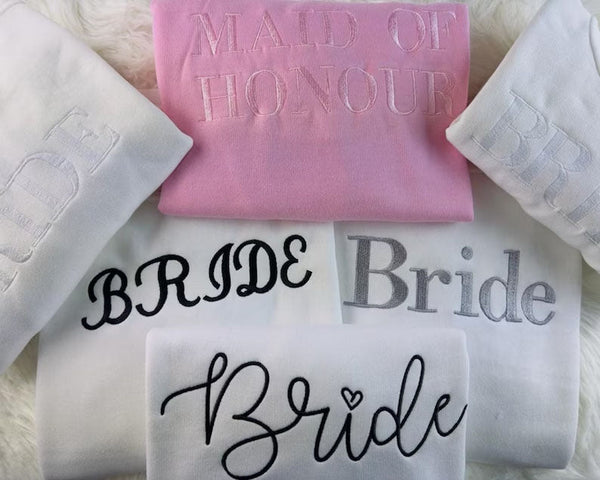 Bride Sweatshirt, Wifey Embroidered Crewneck Jumper, Maid of Honour Hubby Jumper, Couple Matching Hen Do Bachelor Party Wedding Gift for Mrs