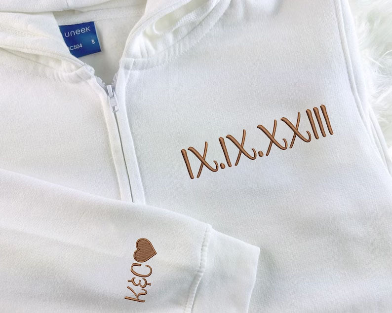 Personalised Zip Up Hoodie, Roman Numeral Custom Embroidered Jumper, Couple Matching Anniversary Date Hoody, Custom Initial Heart Sweatshirt