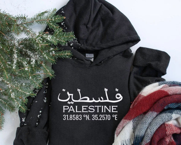 Palestine Hoodie, Embroidered Palestine Coordinates Hooded Sweatshirt, Support Palestine Save Gaza Freedom Jumper, Palestine Protest Tops