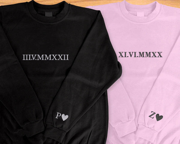 Personalised Anniversary Sweatshirt, Roman Numeral Date Initial Heart Embroidered Sweater, One Year Anniversary Gifts, His and Hers Hoodies