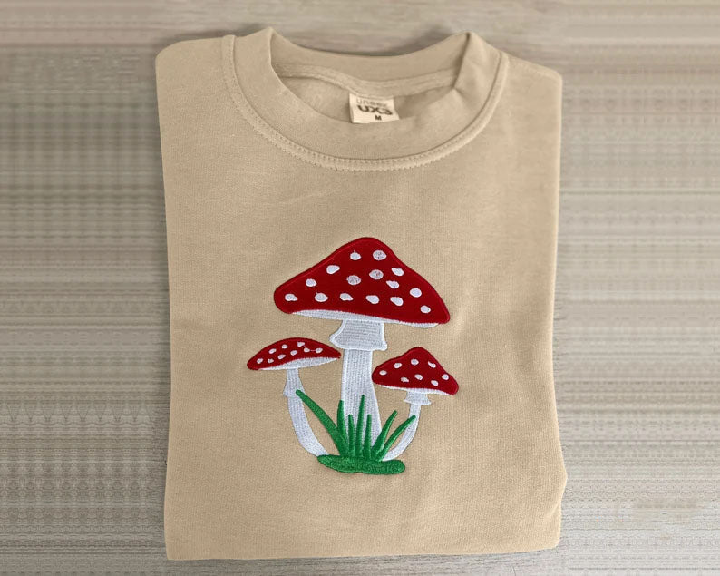 Embroidered Mushroom Hoodie, Magic Mushroom Embroidery Crewneck Jumper, Botanical Plant Nature Lover Shroom Womens Top, Frog Unisex Sweater