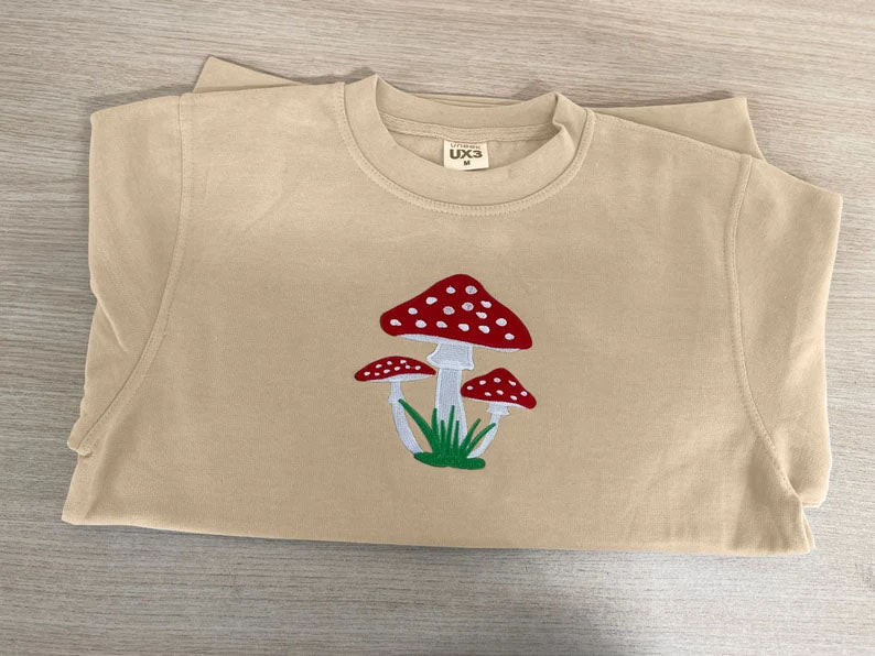 Embroidered Mushroom Hoodie, Magic Mushroom Embroidery Crewneck Jumper, Botanical Plant Nature Lover Shroom Womens Top, Frog Unisex Sweater