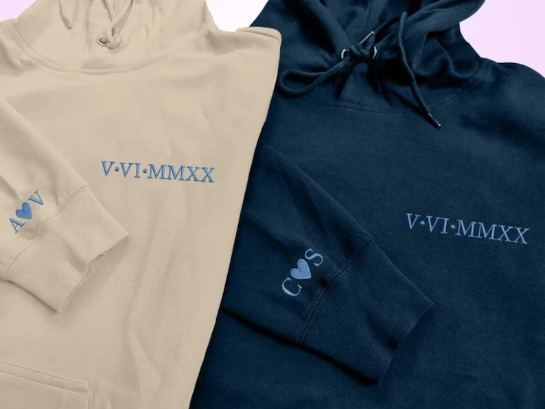 Personalised Matching Hoodie, Embroidered Roman Numeral Hoody, Custom Anniversary Initial Couple Matching Jumper, Relationship Gift for GF