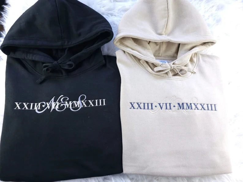 Personalise Embroider Initial Hoodie,1st Anniversary Roman Numeral Date Jumper, Customize Matching Embroidered Hoody, Unique Gift For Couple