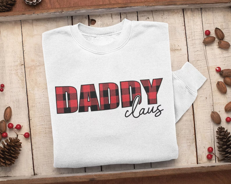 Mama Claus Daddy Claus Christmas Sweatshirt, Christmas Family Matching Sweater, Xmas Buffalo Plaid Printed Crewneck Tops, Christmas Eve Gift