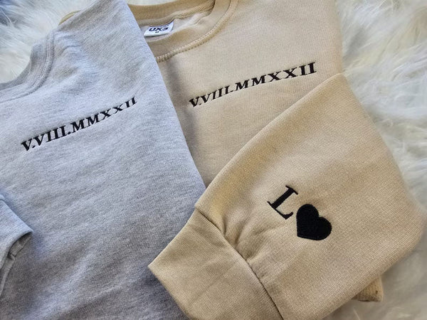 Roman Numeral Embroidered Sweatshirt, Custom Anniversary Couple Matching Sweater, Personalised Initial Matching Fiance Jumper, Soulmate Gift