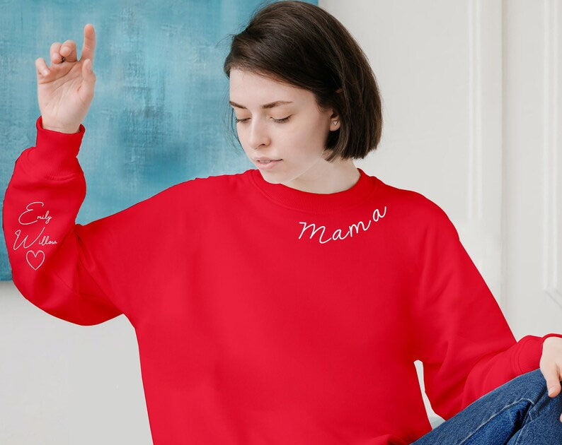 Personalised Mama Sweatshirt, Custom Kids Name On Sleeves Printed Jumper, Xmas Sweaters for Mum, Christmas Mom Birthday Gifts, Xmas Presents