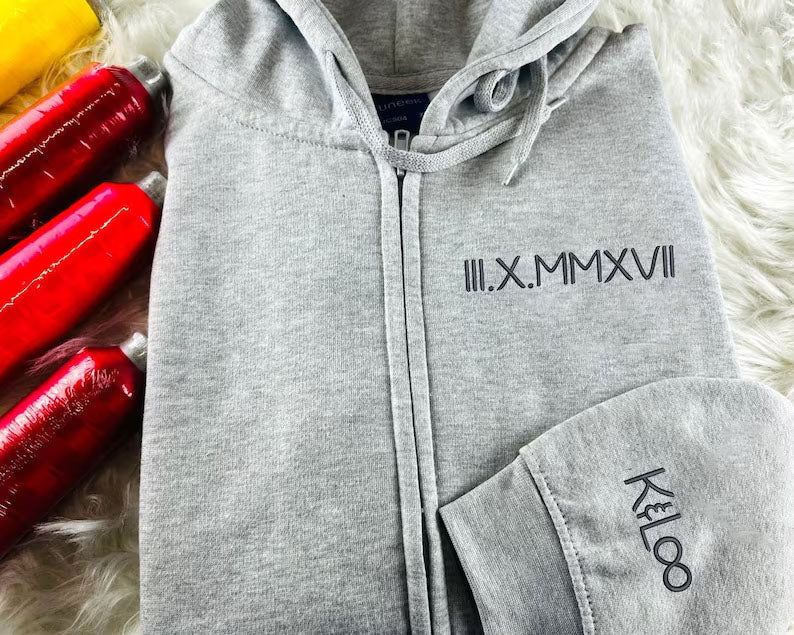 Personalised Zip Up Hoodie, Roman Numeral Custom Embroidered Jumper, Couple Matching Anniversary Date Hoody, Custom Initial Heart Sweatshirt