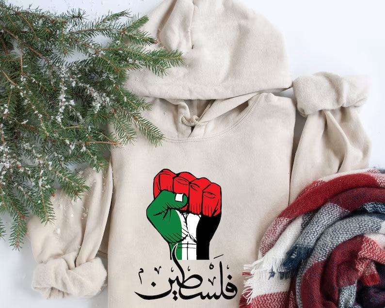 Palestine Arabic Calligraphy Hoodie, Palestine Fist Flag Printed Hoody, Free Palestine Protest Jumper, Freedom for Gaza Adults Matching Tops