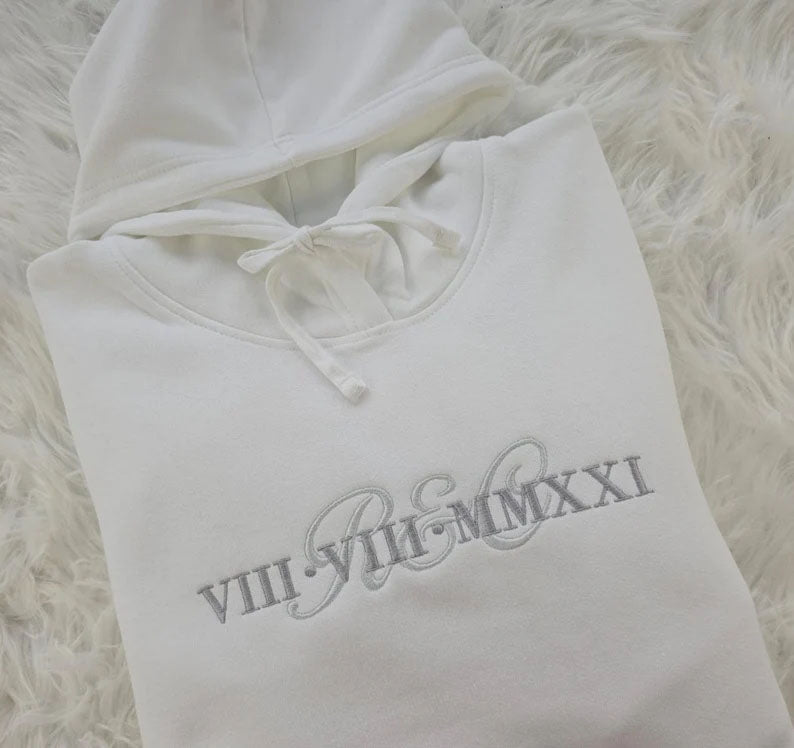 Personalise Embroider Initial Hoodie,1st Anniversary Roman Numeral Date Jumper, Customize Matching Embroidered Hoody, Unique Gift For Couple