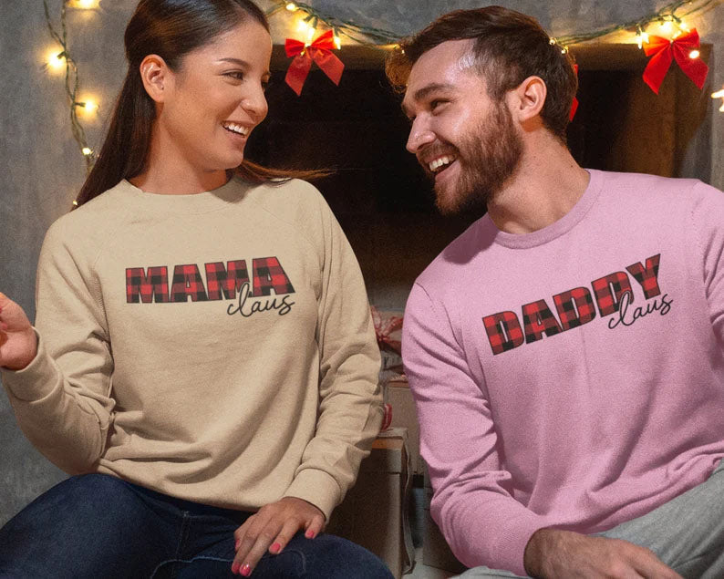 Mama Claus Daddy Claus Christmas Sweatshirt, Christmas Family Matching Sweater, Xmas Buffalo Plaid Printed Crewneck Tops, Christmas Eve Gift