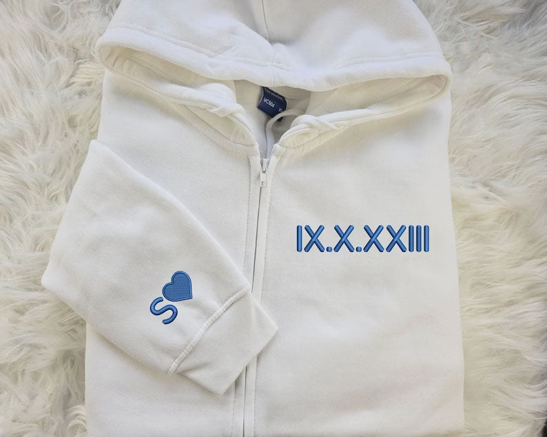 Personalised Zip Up Hoodie, Roman Numeral Custom Embroidered Jumper, Couple Matching Anniversary Date Hoody, Custom Initial Heart Sweatshirt