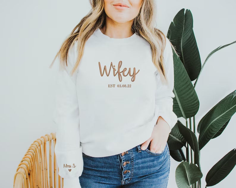 Wifey Sweatshirt, Bride Embroidered Sweater, Personalised Mrs Jumper, Custom Date Bride And Groom Wedding Gift Bachelorette Party Bride Hood