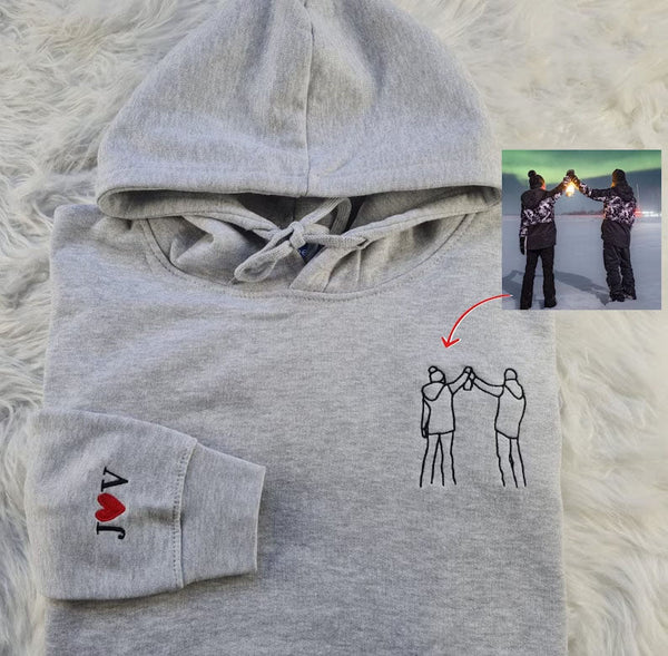 Custom Photo Embroidered Hoodie, Personalised Family Matching Sketch from Photo Unisex Jumper, 1st Anniversary Special Date Initial Sweater