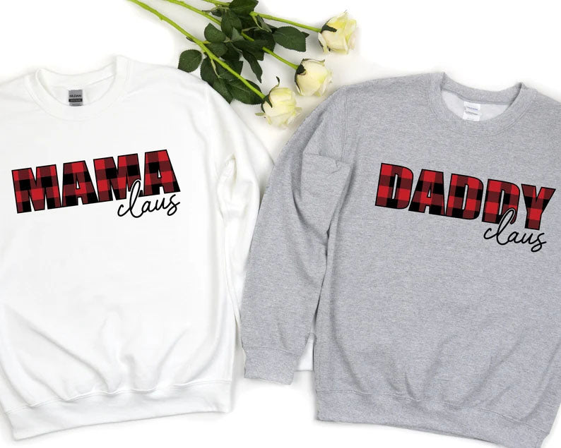 Mama Claus Daddy Claus Christmas Sweatshirt, Christmas Family Matching Sweater, Xmas Buffalo Plaid Printed Crewneck Tops, Christmas Eve Gift