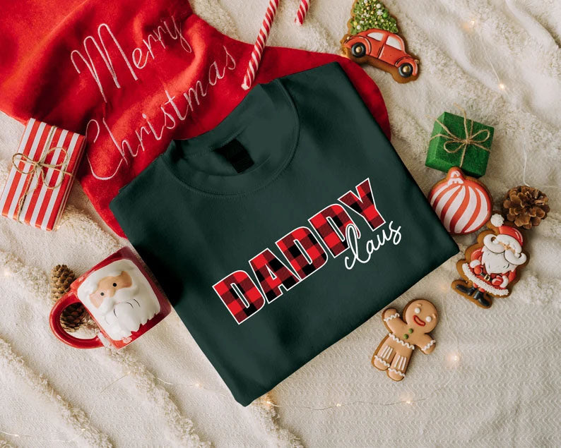 Mama Claus Daddy Claus Christmas Sweatshirt, Christmas Family Matching Sweater, Xmas Buffalo Plaid Printed Crewneck Tops, Christmas Eve Gift