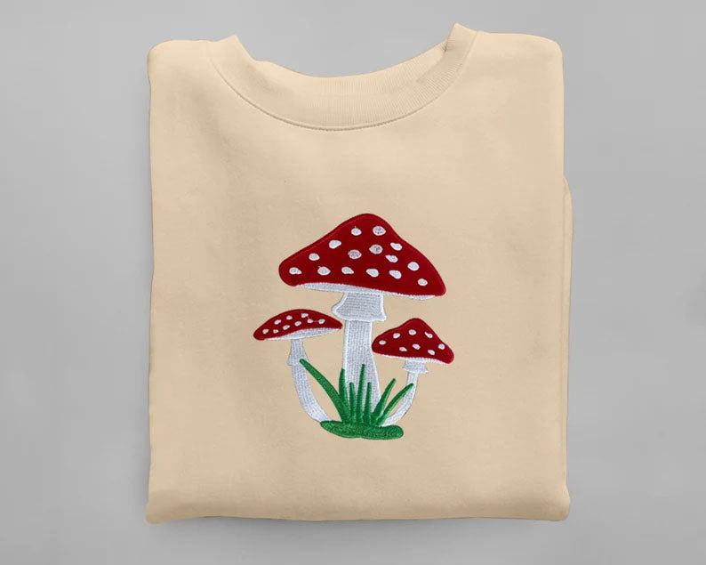 Embroidered Mushroom Hoodie, Magic Mushroom Embroidery Crewneck Jumper, Botanical Plant Nature Lover Shroom Womens Top, Frog Unisex Sweater