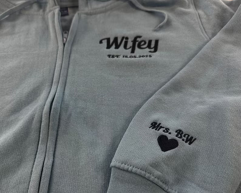 Wifey Embroidered Initial Zip Up Hoodie, Bride Sweater, Personalised Mrs Maid of Honour Hubby Jumper Bride and Groom Bachelorette Party Gift