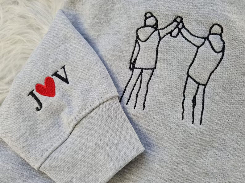 Custom Photo Embroidered Hoodie, Personalised Family Matching Sketch from Photo Unisex Jumper, 1st Anniversary Special Date Initial Sweater