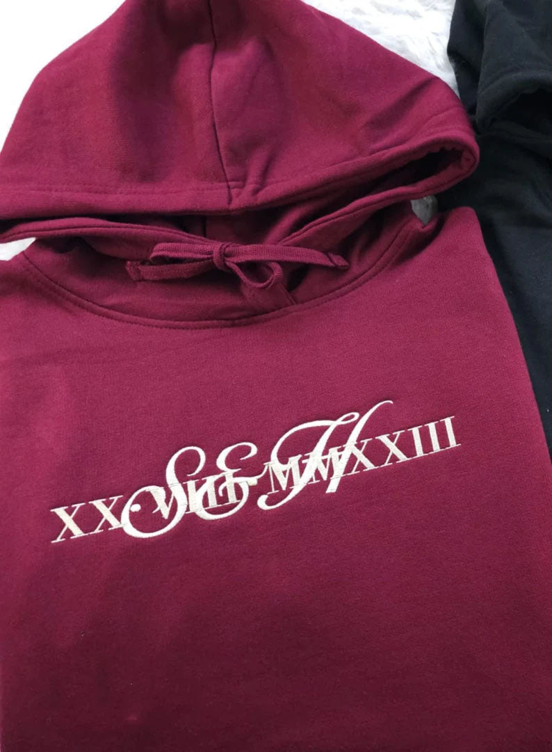 Personalise Embroider Initial Hoodie,1st Anniversary Roman Numeral Date Jumper, Customize Matching Embroidered Hoody, Unique Gift For Couple