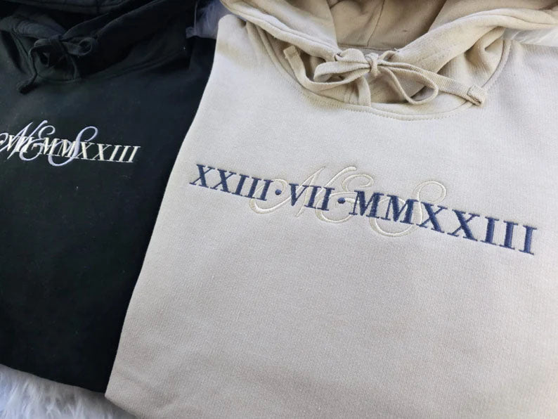 Personalise Embroider Initial Hoodie,1st Anniversary Roman Numeral Date Jumper, Customize Matching Embroidered Hoody, Unique Gift For Couple