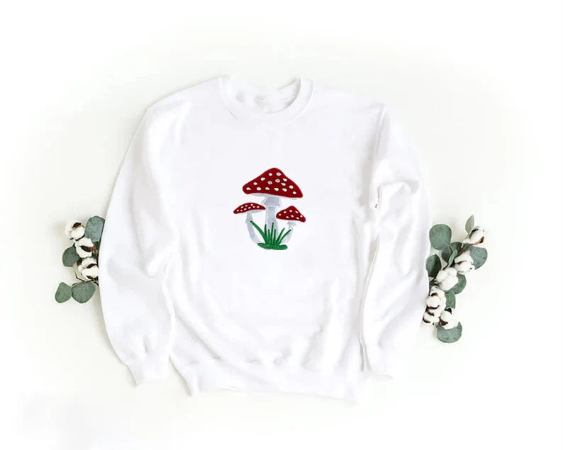 Embroidered Mushroom Hoodie, Magic Mushroom Embroidery Crewneck Jumper, Botanical Plant Nature Lover Shroom Womens Top, Frog Unisex Sweater