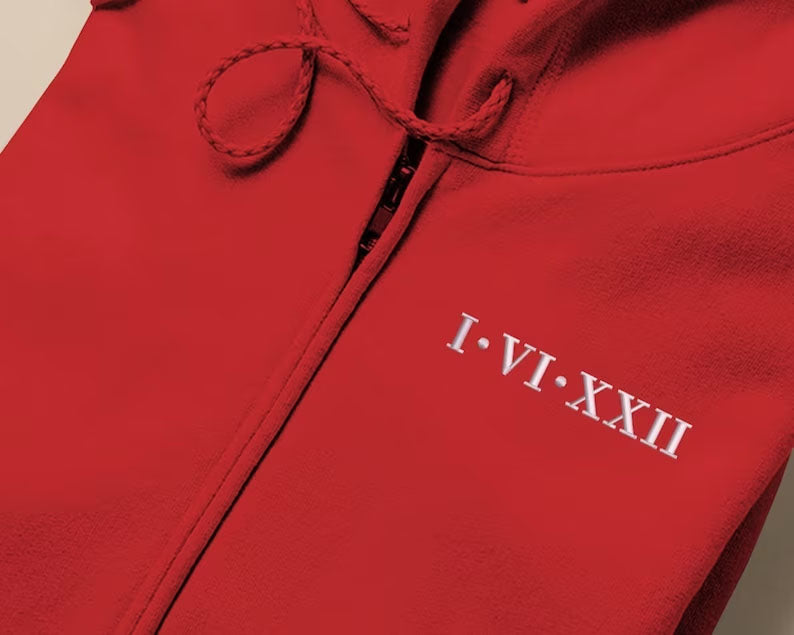 Personalised Zip Up Hoodie, Roman Numeral Custom Embroidered Jumper, Couple Matching Anniversary Date Hoody, Custom Initial Heart Sweatshirt