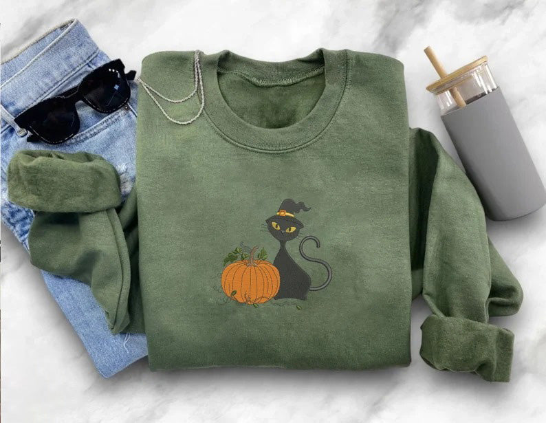 Black Cat Halloween Sweatshirt, Embroidered Cat and Pumpkin Sweater, Spooky Season Jumper, Halloween Party Matching Outfits, Cat Lover Gifts