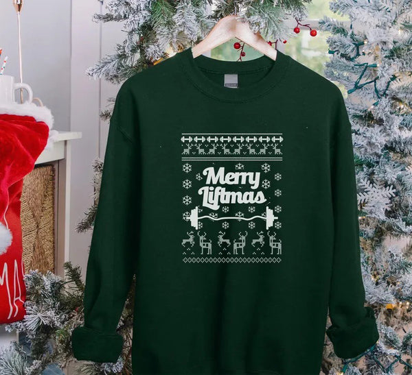 Merry Liftmas Christmas Sweatshirt, Xmas Ugly Crewneck Printed Sweater, Funny Fitness Matching Jumper, Body Building Christmas Holidays Tops