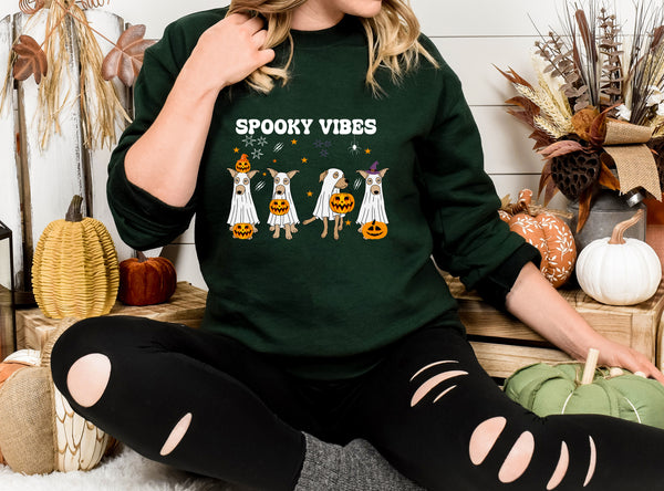 Retro Halloween Dogs Sweatshirt, Spooky Vibes Printed Sweater, Cure Halloween Ghost Dogs Jumper, Dog Lover Gifts, Gothic Dogs Halloween Tops