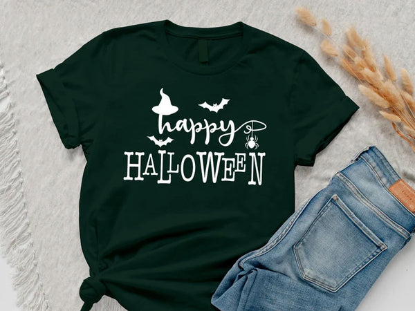 Happy Halloween T-Shirt, Vintage Fall Witch Hat Tee Shirt, Funny Halloween Printed Shirt, Spooky Season Tees, Halloween Party Clothing Gifts