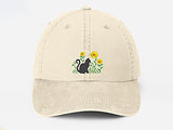 Cat & Flower Embroidered Hat, Floral Vintage Hat, Kitten Baseball Cap, Black Cat Summer Hat, Womens Flower Hat, Cat Lover Gift, Gift for Her