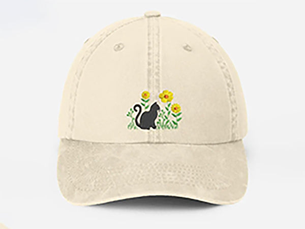 Cat & Flower Embroidered Hat, Floral Vintage Hat, Kitten Baseball Cap, Black Cat Summer Hat, Womens Flower Hat, Cat Lover Gift, Gift for Her