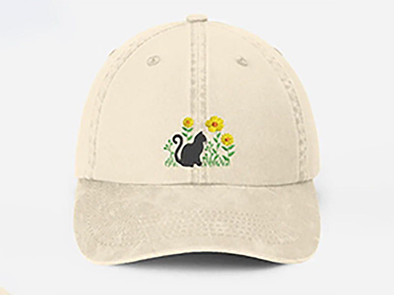 Cat & Flower Embroidered Hat, Floral Vintage Hat, Kitten Baseball Cap, Black Cat Summer Hat, Womens Flower Hat, Cat Lover Gift, Gift for Her