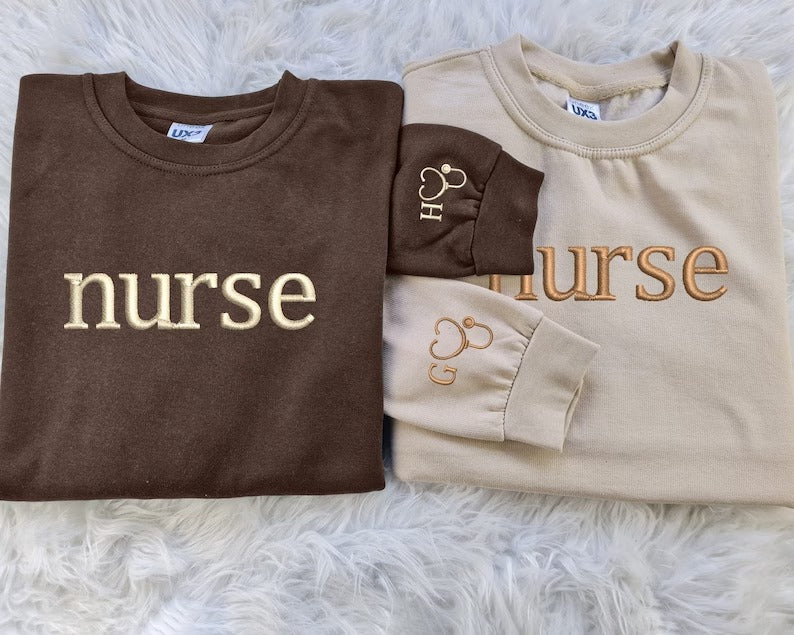 Personalised Embroidered Nurse Sweatshirt, Custom Nurse Initial Matching Sweater, Stethoscope on Sleeve Nurse Doctors Gift,