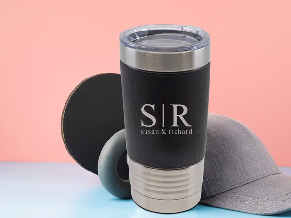 Personalised Lazer Engraving Leather Tumbler, Custom Monogrammed initials Stainless Steel Mug, Coffee Mug , Insulated Tumbler, Gift for Her