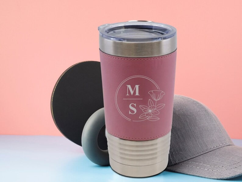 Personalised Lazer Engraving Leather Tumbler, Custom Monogrammed initials Stainless Steel Mug, Coffee Mug , Insulated Tumbler, Gift for Her