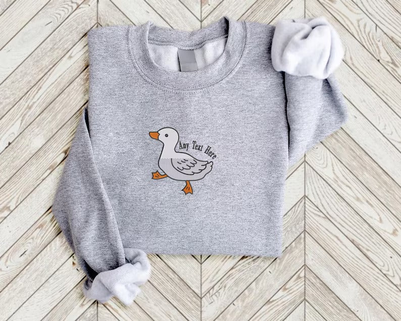 Duck Custom Jumper, Embroidered Baby Goose Crewneck Sweatshirt, Personalised Name Cute Duckling Design Stitch Adult Sweater,