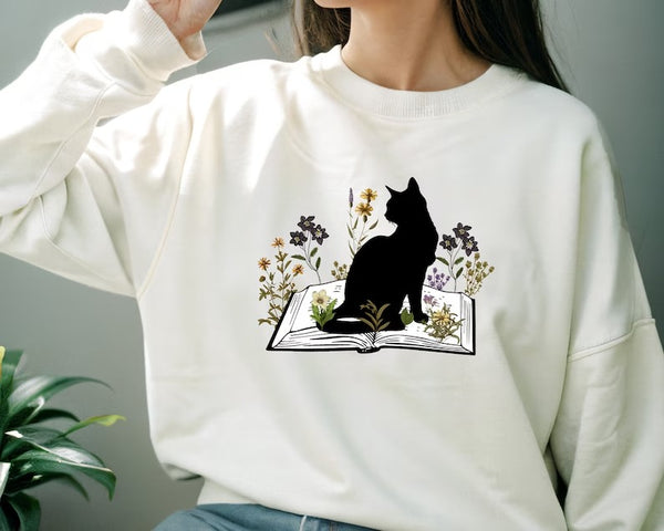 Cat Sweatshirt, Cat On Book Printed Sweater, Wild Flowers Bookish Sweatshirt, Cat Book Lover Pullover Jumper, Comfort Color Shirt, Xmas Gift