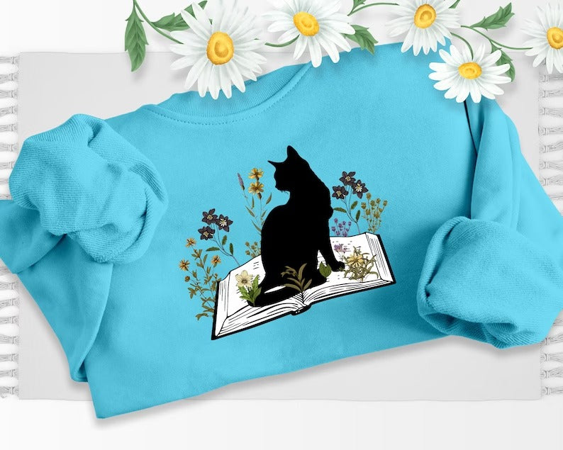 Cat Sweatshirt, Cat On Book Printed Sweater, Wild Flowers Bookish Sweatshirt, Cat Book Lover Pullover Jumper, Comfort Color Shirt, Xmas Gift