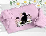 Cat Sweatshirt, Cat On Book Printed Sweater, Wild Flowers Bookish Sweatshirt, Cat Book Lover Pullover Jumper, Comfort Color Shirt, Xmas Gift