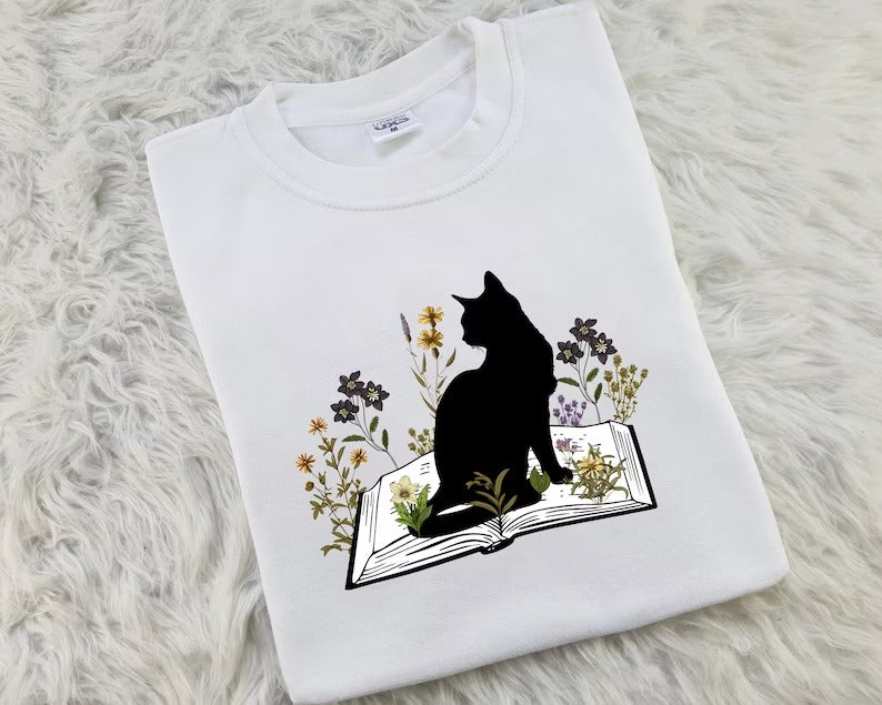 Cat Sweatshirt, Cat On Book Printed Sweater, Wild Flowers Bookish Sweatshirt, Cat Book Lover Pullover Jumper, Comfort Color Shirt, Xmas Gift