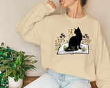 Cat Sweatshirt, Cat On Book Printed Sweater, Wild Flowers Bookish Sweatshirt, Cat Book Lover Pullover Jumper, Comfort Color Shirt, Xmas Gift