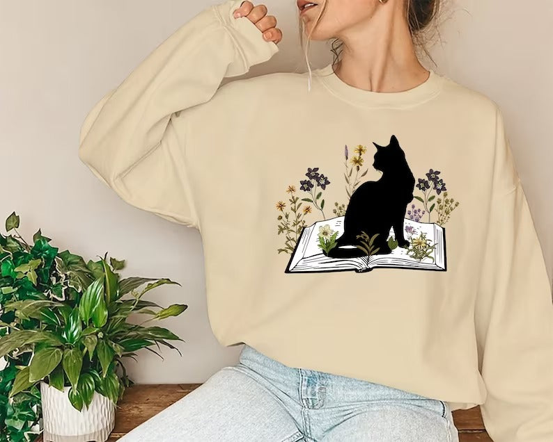 Cat Sweatshirt, Cat On Book Printed Sweater, Wild Flowers Bookish Sweatshirt, Cat Book Lover Pullover Jumper, Comfort Color Shirt, Xmas Gift