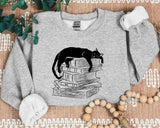 Cat Sweatshirt, Cat Sleeping On Books Crewneck Sweater, Cute Sleeping Kitten Printed Jumper, Bookish Reading Sweatshirt, Cat Book Lover Gift