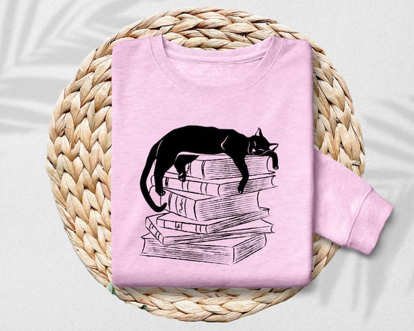 Cat Sweatshirt, Cat Sleeping On Books Crewneck Sweater, Cute Sleeping Kitten Printed Jumper, Bookish Reading Sweatshirt, Cat Book Lover Gift