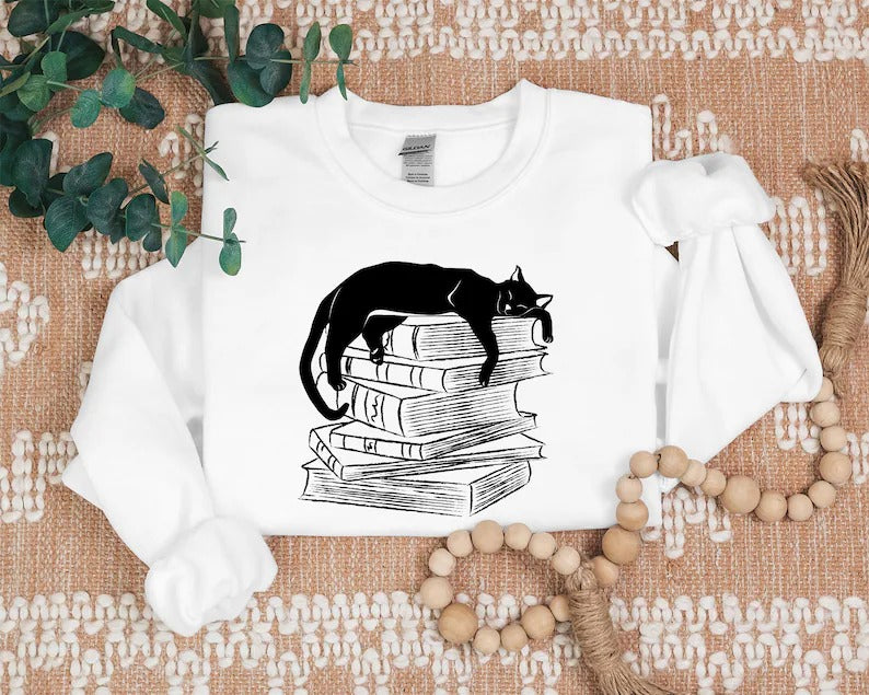 Cat Sweatshirt, Cat Sleeping On Books Crewneck Sweater, Cute Sleeping Kitten Printed Jumper, Bookish Reading Sweatshirt, Cat Book Lover Gift