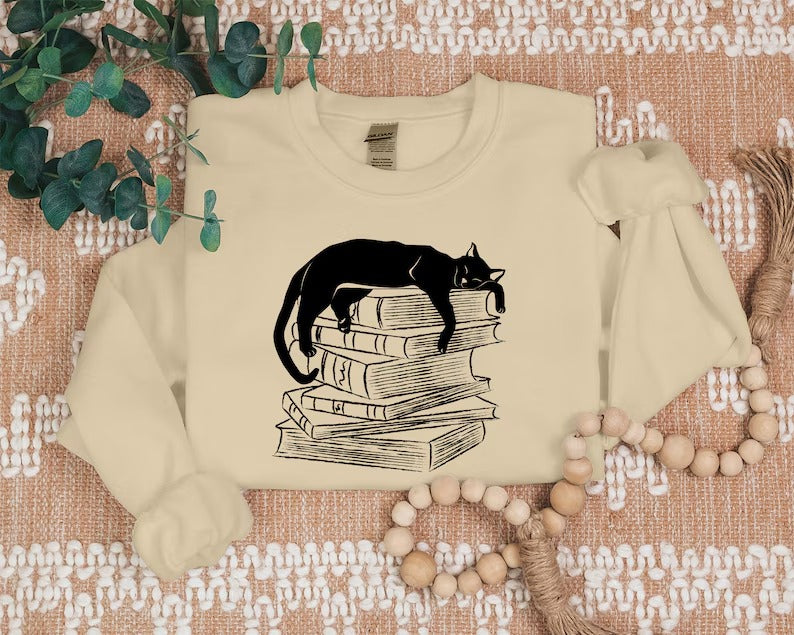 Cat Sweatshirt, Cat Sleeping On Books Crewneck Sweater, Cute Sleeping Kitten Printed Jumper, Bookish Reading Sweatshirt, Cat Book Lover Gift