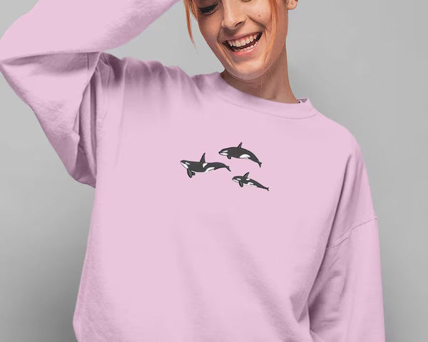 Orca Whales Embroidered Sweatshirt, Trio Orca Killer Whale Crewneck Jumper, Embroidered Orca Unisex Sweatshirt, Awareness Animal Lover Gift