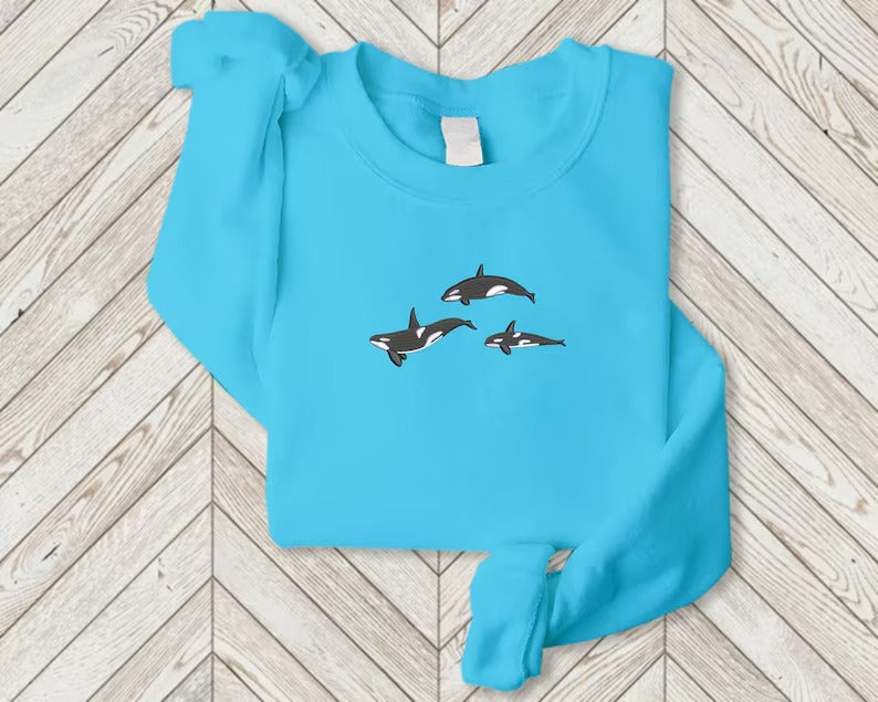 Orca Whales Embroidered Sweatshirt, Trio Orca Killer Whale Crewneck Jumper, Embroidered Orca Unisex Sweatshirt, Awareness Animal Lover Gift